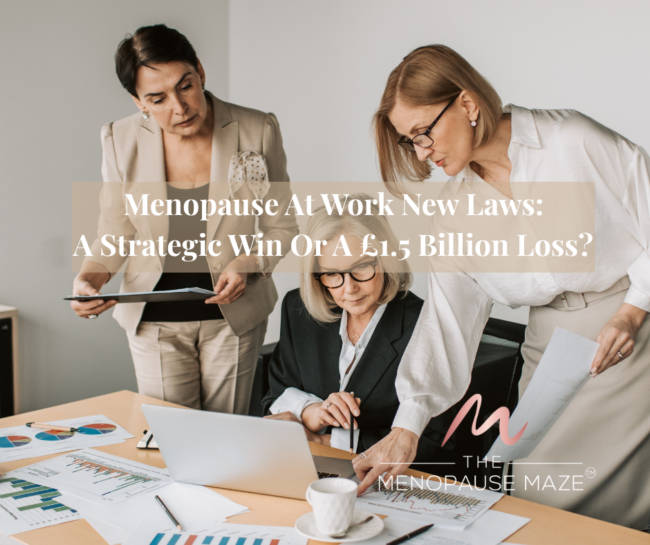 Three midlife women executives in a boardroom meeting discussing menopause at work strategy